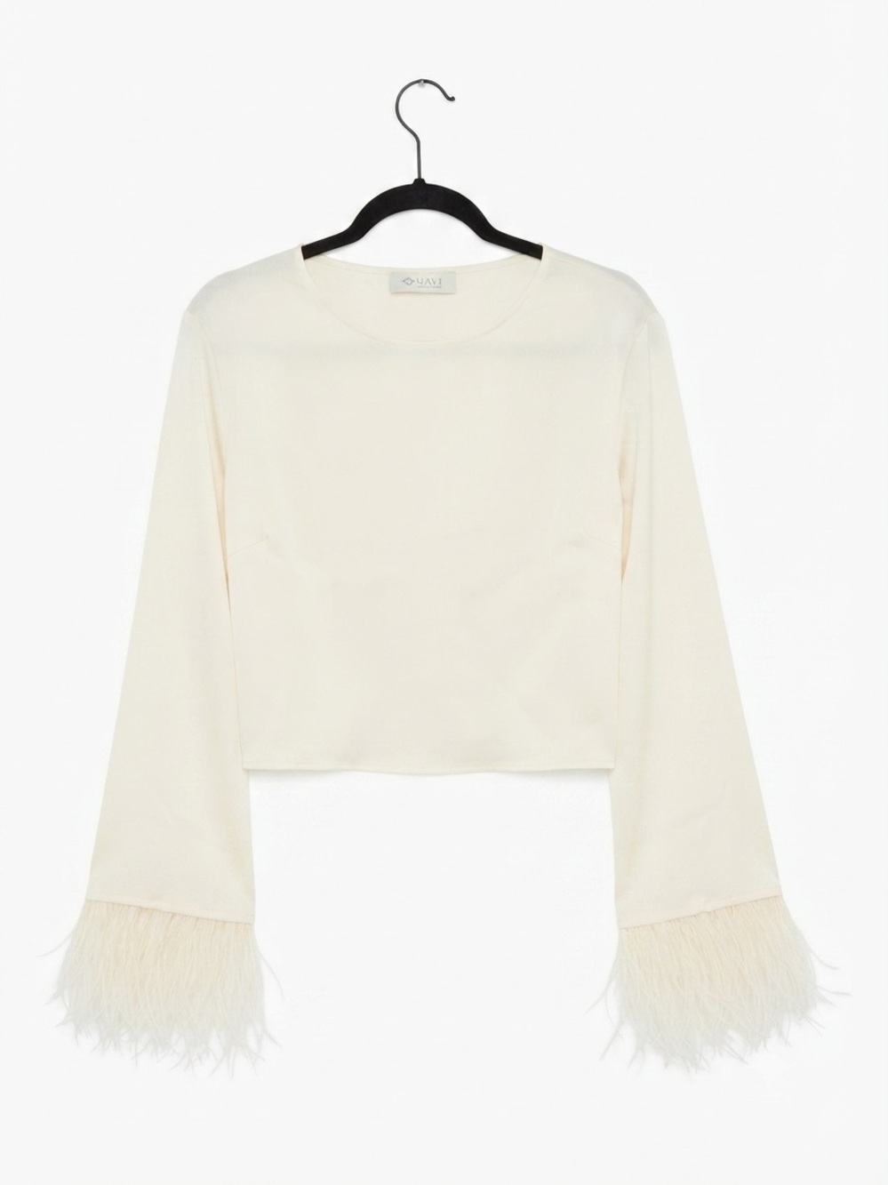 Wayf Cream Feather-Trim Long Sleeve Crop Top